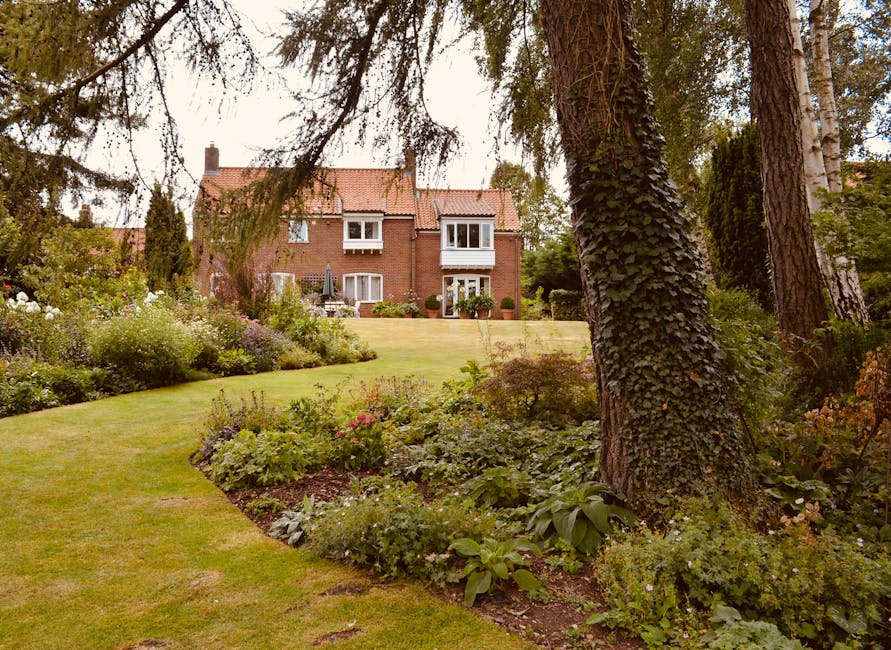 A spacious front garden in Hadley Wood featuring a well-maintained lawn with neatly trimmed grass, bordered by a variety of flowering plants and lush green shrubs. Tall mature trees, including an ivy-